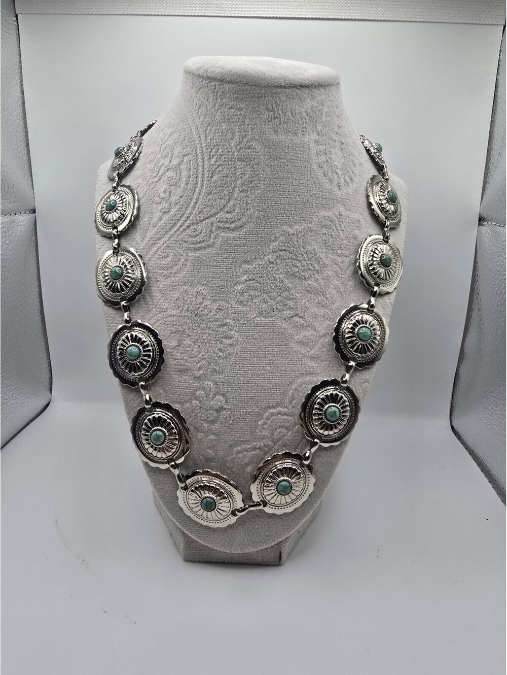 Western Faux Turquoise Concho Statement Necklace Southwestern Boho Up To 27"